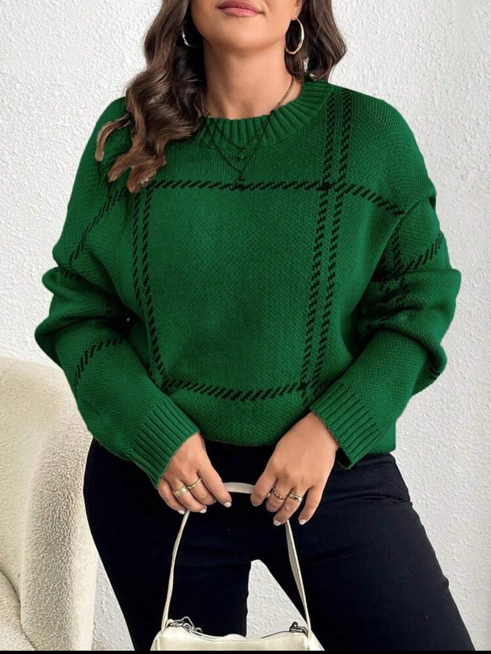 SHEIN Emerald Green Plaid Crewneck Sweater